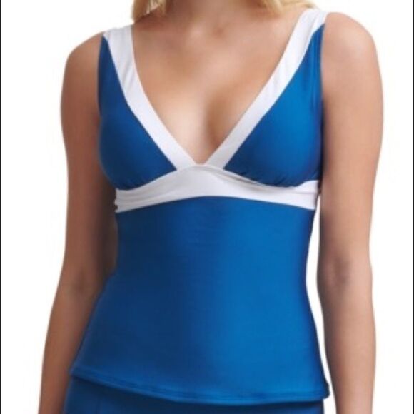 DKNY Colorblocked Tankini Top Baltic Navy Women's Large NWT - Picture 1 of 8